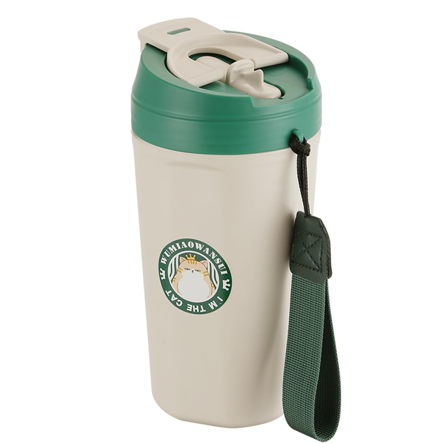 Fashion Trend Coffee Cup Portable Carry Rope,Water Bottle with Lid and Straw Stainless Steel Travel Mug Reusable 620ML Capacity (Cute green)