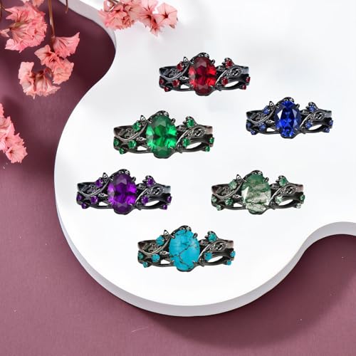 Vintage 2ct Oval Leaf Ruby/Amethyst/Agate/Turquoise Ring Solid 10K/14K/18K Black Gold Leaf Bridal Wedding Band Unique Twig Vine Engraved Promise Ring Birthday for Women Wife3