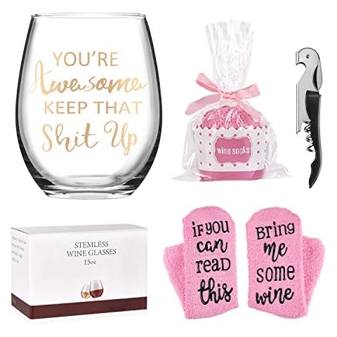 You're Awesome Keep That up Stemless Wine Glass Gift Set with Wine Socks and Bottle Opener, Funny Wine Glass with Gold Words for Friend Girlfriend Women Coworker Birthday Party Christmas, 15 Oz Cover