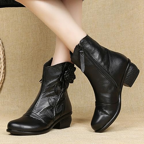 Women's Leather Mid Calf Half Boots Ethnic Floral Round Toe Block Low Heel Ankle Booties with Side Zipper4
