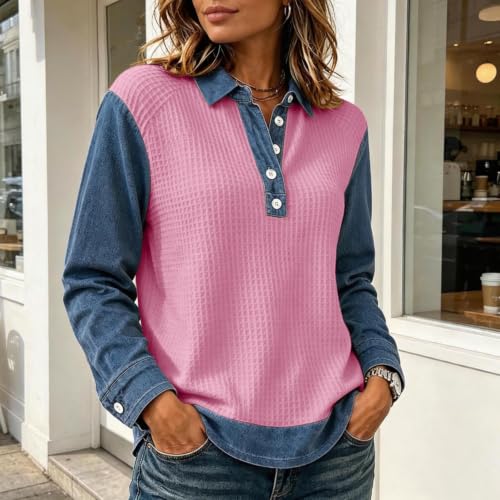 Waffle Shirts for Women Denim Patchwork Collared Button Lightweight Tops - image 4