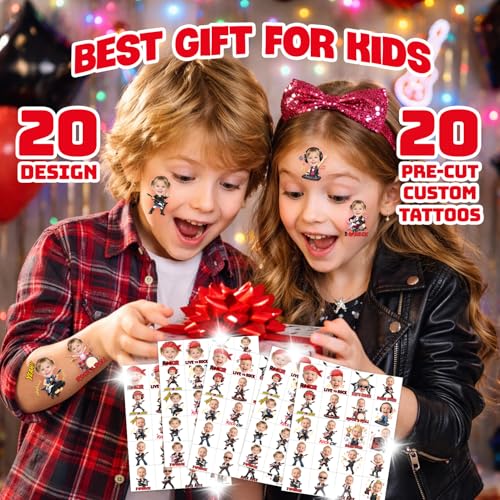 Image of Custom Rock Temporary Tattoos for Kids, Set of 20 | Personalized Pre-Cut Face Photo, Birthday Party Favors, For Boys Girls, Rock Fans