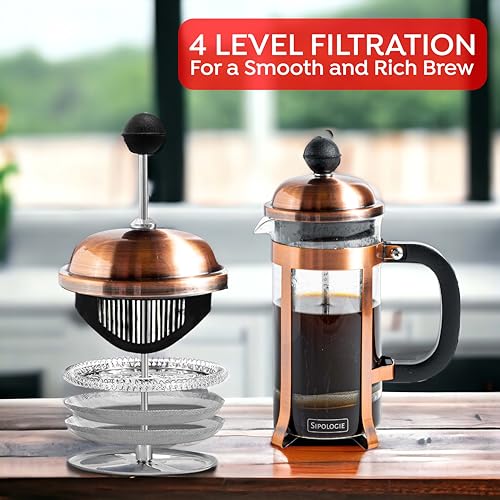 Image of Sipologie Vintage French Press Coffee Maker 350ml, 4-Level Filtration System for Sediment-Free Coffee, Heat-Resistant Durable Borosilicate Glass, Copper