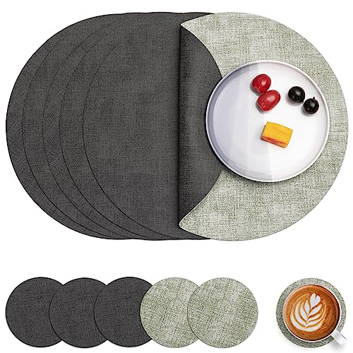 Myir JUN Leather Placemats and Coaster Set of 6, Table Mats Round Waterproof Dual Sided Kitchen Place Mats Coffee Mats Heat Resistant Placemat Non-Slip Washable (set of 6, Grey Green)