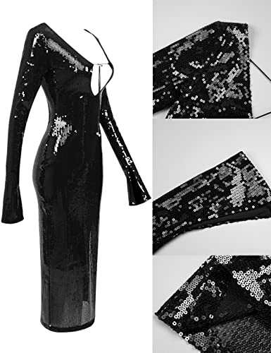Image of Women's V Neck Long Sleeve Glitter Sequins Mermaid Evening Gown Dress