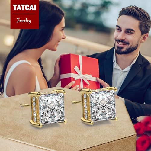 18K White Gold Plated Sterling Silver Princess Cut Square Cubic Zirconia Stud Earrings for Women Men Clear CZ Diamond Stud Earrings2