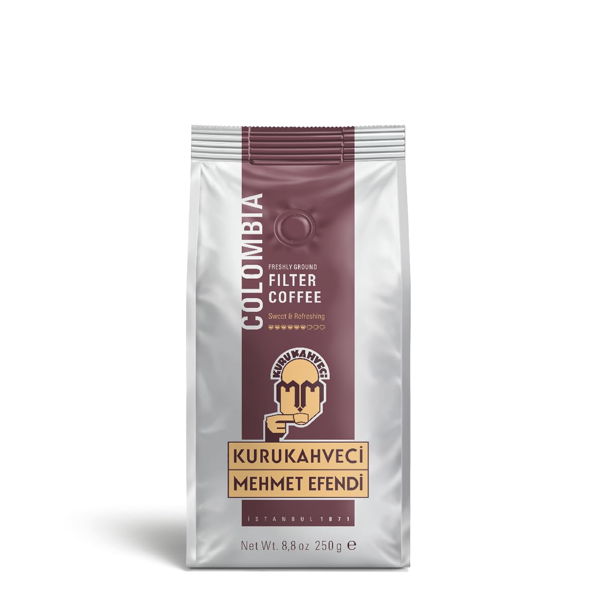 KURUKAHVECI MEHMET EFENDI Kolumbijski filtr do kawy, świeżo zmielony, bogaty aromat, pełne naturalne słodkawe orzechy laskowe do czekolady, smak karmelowy 8,8 Fl OZ