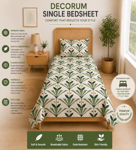 Image of DECORUM Glace Cotton Single Bedsheet with 1 Pillow Cover | Soft, Durable, Lightweight & Skin-Friendly Fabric| Suitable for Single /Diwan Bed Size