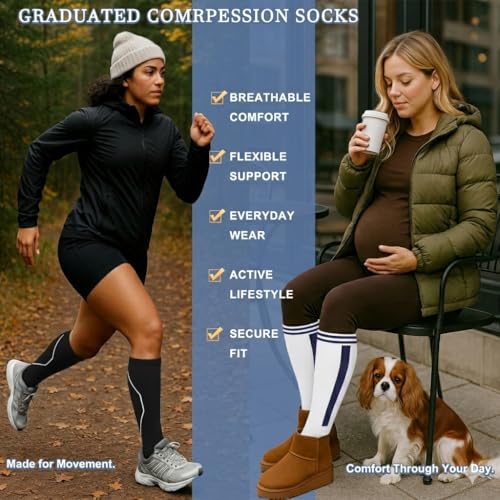 Image of 3 Pairs Knee High Graduated Compression Socks For Women and Men - Best Medical, Nursing, Travel & Flight Socks - Running & Fitness - 15-20mmHg