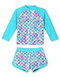 Girl's Two-Piece Long Sleeve Swimsuits UPF50+ Rash Guard Kids Stylish Bathing Suit for Summer Vacation Lightweight Breathable Tankini Sets for 9 10 Years Old