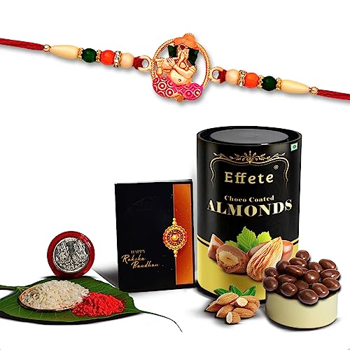 Image of DeoDap (K1 522 CA) Multicolor Idol ganesh rakhi Combo with Effete Chocolate Almonds 96gm, Silver Color Pooja Coin, Roli Chawal & Greeting Card, Occasion, stylish rakhi for brother, Rakhi & Chocolate for brother, rakhi brother, rakhi with gift, handmade rakhi, Set of 1 Rakhi