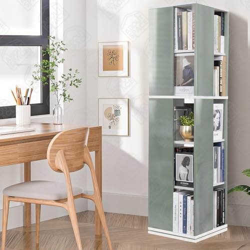 Image of ABOUT SPACE Rotating Book Shelf for Home Library - 5 Tier 360 Book Rack | Semi UV Gloss Laminate DIY Engineered Wood Book Stand with Partition & Bottom Turnplate (Green &White L 38 x B 38 x H 150 cm)