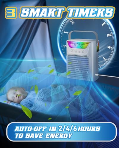 Aire acondicionado portátil, mini aire acondicionado mejorado 2024 con 3 nieblas y velocidades, 3 temporizadores y 7 colores LED, ventilador portátil de unidad de aire acondicionado pequeño para