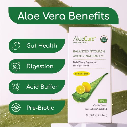 Aloecure Usda Organic Aloe Vera Juice Lemon Flavor, Bottled Within 12 Hours Of Harvest - Inner Leaf Aloe Vera, Natural Acid Reflux Treatment, Gerd, Natural Acid Buffer - Pure Aloe Juice For Digestion #TOP1