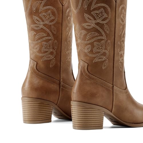 Image of DREAM PAIRS Cowboy Boots for Women Cowgirl Western Boots Fashion Embroidery Stitched Chunky Heel Mid Calf Boots
