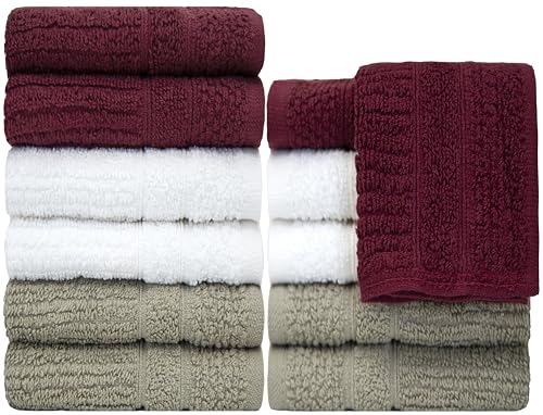 Image of PH Pleasant Home Ribbed Wash Cloths Set - 12 Pack (12 inch x 12 inch) - 509 GSM - 100% Ring Spun Cotton Wash Cloth - Super Soft and Highly Absorbent Face Towels (Maroon, White & Tan)