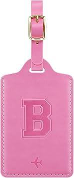 Luggage Tags for Suitcase Personalized Initial Leather Bag Tags | Embossed Travel Tags, 3 Info Cards, Privacy, Travel Essentials, Monogrammed Letter, Backpack Tags, Women and Men, Pink B