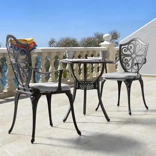Image of NUU GARDEN Outdoor 3-Piece Bistro Set with Cushions, Round 24 Inch Cast Aluminum Bistro Table with 2.17 inch Umbrella Hole, 2 Cast Aluminum Bistro Chairs, for Patio, Garden, Backyard and Balcony, Black