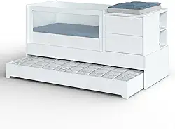 Berço Multifuncional Sol e Mar 7 em 1 Divicar com Cômoda Acoplada, Cama Auxiliar, Escrivaninha e Sistema Antirrefluxo Pneumático em MDF com Acabamento Laqueado UV (Branco)