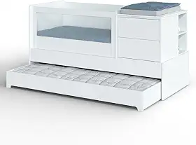 Berço Multifuncional Sol e Mar 7 em 1 Divicar com Cômoda Acoplada, Cama Auxiliar, Escrivaninha e Sistema Antirrefluxo Pneumático em MDF com Acabamento Laqueado UV (Branco)
