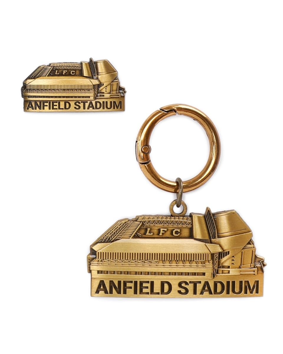 Liverpool FC Anfield Stadium Badge and Keyring Set, Antique Gold Finish, Zinc Alloy, 3.5cm Badge and 6cm Keyring
