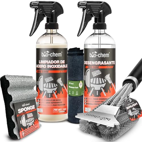 Bio-Chem - Set de 5 Productos para Limpiar barbacoas - Limpiador de Barbacoas 750 ml, Limpiador de Acero Inoxidable 750 ml, Paño de Microfibra, Cepillo y Esponja para Barbacoas de Gas