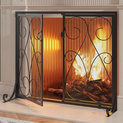 Kingson 2-Panel Fireplace Screen with Doors Handcrafted Wrought Iron Decorative Mesh, Symmetric...
