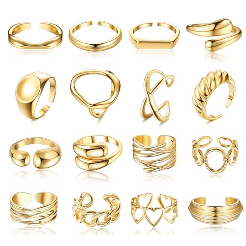 HAIAISO 16 Pcs Gold Rings Set for Women Non Tarnish 18K Gold Plated Chunky Rings Adjustable Stackable Thick Dome Ring Pack