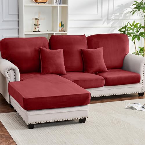 Image of Couch Cover 6-Piece Elastic Velvet Couch Cushion Covers & Chaise Slipcovers for L-Shaped Sofas, Sofa Seat Covers Washable, Soft Cover for Couches (5 Seater + Chaise, Christmas Red)