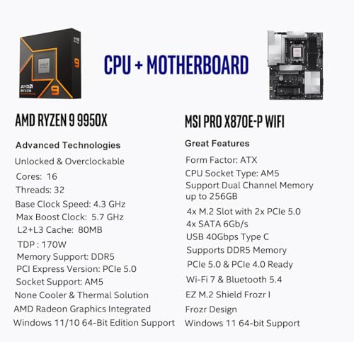 Image of MICRO CENTER AMD Ryzen 9 9950X CPU Processor with MSI PRO X870E-P WiFi Motherboard (ATX, AM5, DDR5, PCIe 5.0 x16, M.2 Gen5, Wi-Fi 7)