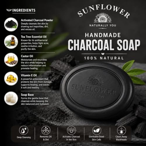Image of Sunflower Natural Charcoal Bath Soap Made with Natural Ingredients To Deeply Cleanse,Detoxify and Nourish Your skin - All skin types. 90 grams