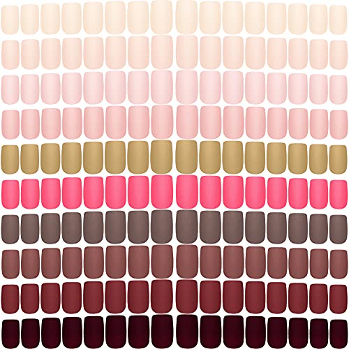 240 Pieces 10 Sets Matte Medium Square Press on Nail Full Cover Artificial False Nails Colorful Coffin Press on Fake Nail Solid Color Nail Tip Kit for Nail Art Salon DIY Decoration (Light Color)