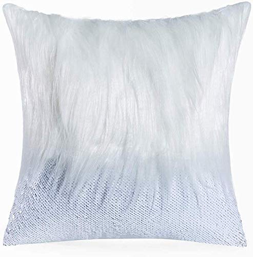 Meaning4 Nature Parure de lit en Coton avec Pompons Blanc/Rose/Sauge, Fourrure Fuax et Paillettes, Blanc et Blanc, 45CM×45CM (18in×18in) Cover