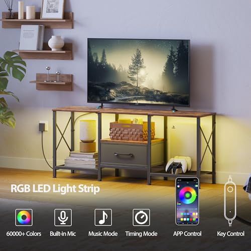 LED TV Stand with Fabric Drawer, Entertainment Center for 50 55 Inch TV, Industrial TV Console Table with Open Storage Shelves for Living Room, Bedroom, Rustic Brown - Image 5