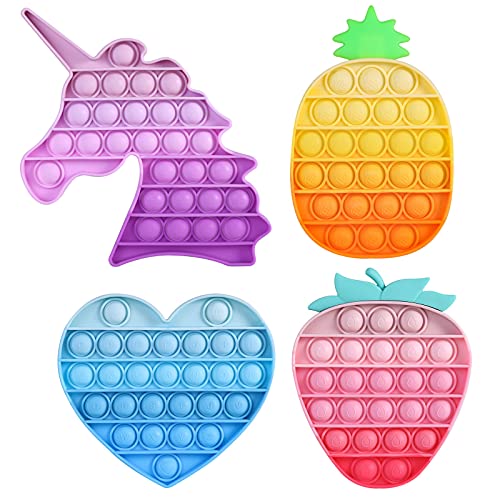 HiUnicorn 4 Pack Poppers Pop Sound Fidget Toys Gifts for Girls, Rainbow Unicorn Push Bubble Popping Game Toy, Macaron Pineapple Strawberry Fruits Sensory Toys (Yellow+Pink+Blue+Purple)