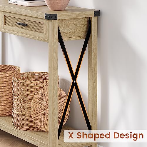 IDEALHOUSE Entryway Table, Console Table with Rattan Drawers, 43" Sofa Table with Storage, Console Tables for Entryway, Living Room, Hallway, Foyer-Burlywood