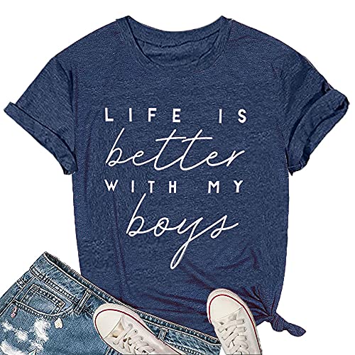 Life is Better with My Boys Women Funny Mom Gift Shirts Graphic Summer Short Athletic Casual Workout Tops