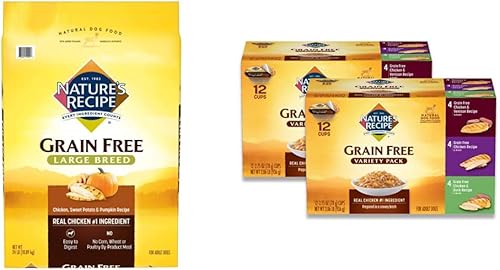 Nature's Recipe Alimento seco para perros de raza grande sin granos, batata y calabaza, 24 libras, paquete variado de recetas de pollo sin granos,