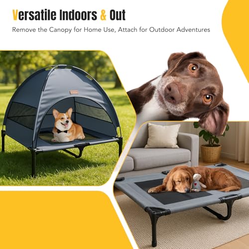 Lekespring Hundeliege Outdoor mit Dach & Erhöht Design - Atmungsaktive & wasserdichte Hundebett Outdoor, Hundeliege mit Sonnenschutz für Camping, Park & Indoor, Leicht & Tragbar, Grau