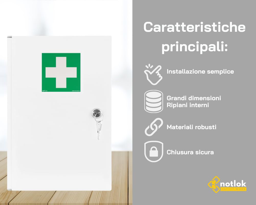 Cassetta Pronto Soccorso da Muro + 3 Ripiani 39x24x11 cm | 2 chiavi, Cassetta Pronto Soccorso in acciaio con cartello, Armadietto Medicinali, Cassetta Medicinali