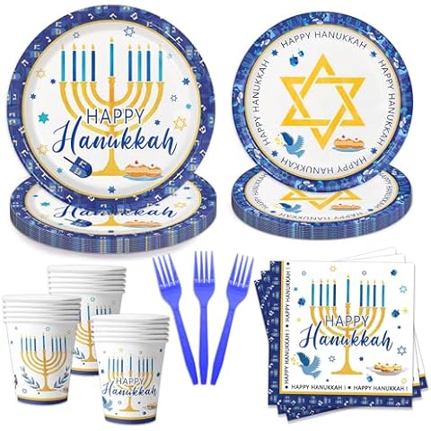 Oigco Hanukkah Party Supplies Hanukkah Dinnerware Party Includes Plates Cups Napkins Forks for Hanukkah Party Decorations, Serves 24 Guests Cover