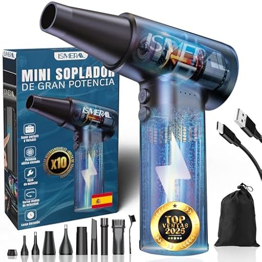 SÚPER Soplador De Aire Potente, 150000RPM BRUSHLESS ISMERAL® + 9 Boquillas + Cepillo + Bolsa de Transporte | Soplador Bateria 6000mAh | Aire Comprimido Limpieza pc | Soplador De Aire para pc | | Ya disponible en tu tienda friki favorita! En mundofriki.es!