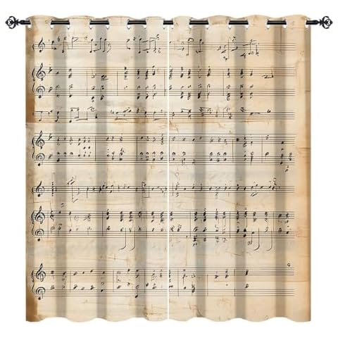 INSFBRB Rustic Ancient Music Notes Blackout Curtains for Bedroom Room,Vintage Mid Century Music Symbol Theme Darkening Thermal Insulated Grommet Window Drapes84 L x 42" W x 2 Panels Blackout Cover