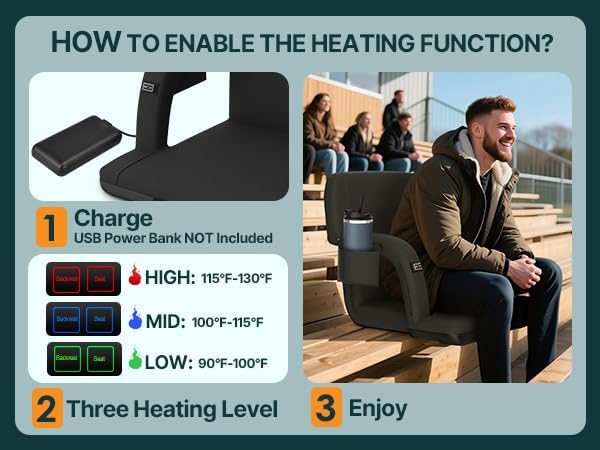 Miniatura 8 de HOPERAN 23" 2 piezas Asientos de Estadio con Calefacción de Doble Cara para Gradas con Soporte para la Espalda, 3 Niveles de Calefacción Asientos de