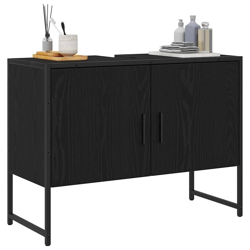 Szafka pod umywalkę z drzwiami, czarna, imitacja dębu, 80 x 30 x 60 cm, materiał drewnopochodny i stal, montowana na ścianie i stojąca, szafka łazienkowa z miejscem do przechowywania do