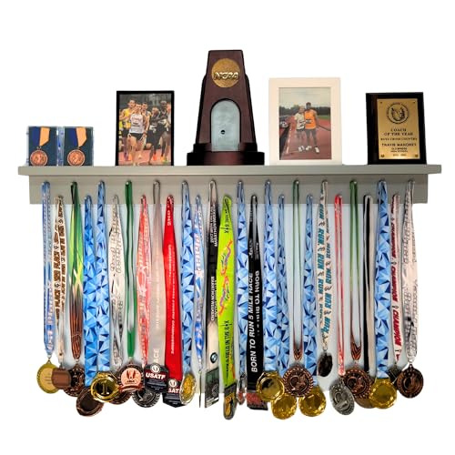 Image of MedalAwardsRack 3ft- Ultimate Medal Hanger Display and Trophy Shelf - Multi-Sport Trophy and Medal Holder for Medal Display, Plaques, Pictures, Trophies and more. Solid Wood - Large 36 inch - Grey