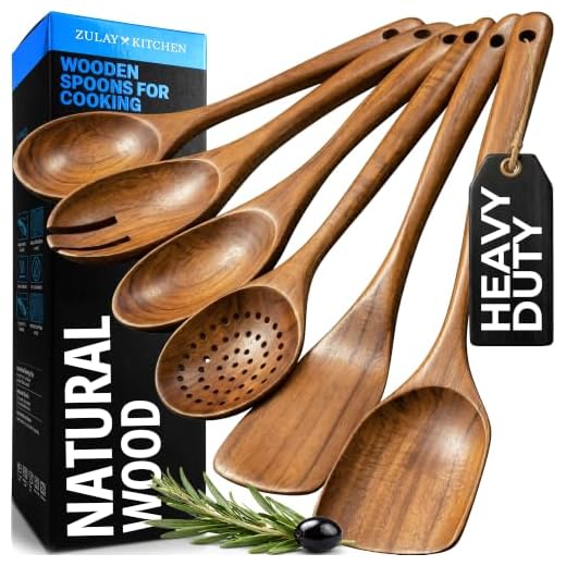 Zulay Kitchen 6-Piece Wooden Cooking Spoons Set – Heat-Resistant, Smooth Teak Utensils with Comfort Grip – Lightweight & Durable – Easy to Clean, Perfect for Non-Stick Cookware