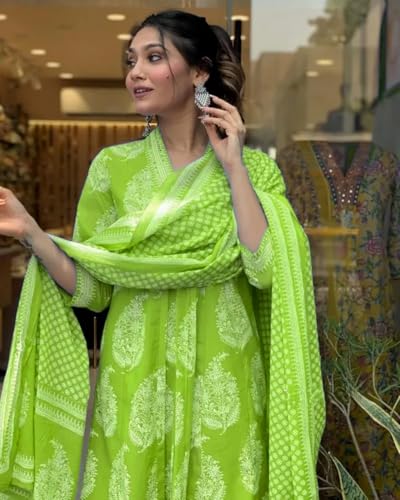 Image of PARTHVI Women's Rayon Blend Anarkali Printed Kurta with Pant & Dupatta & Dupatta