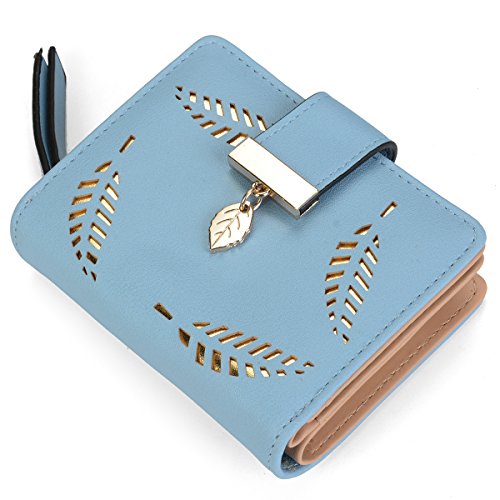 VODIU Women’s Short Purse Leather Medium Wallet Leaf Bifold Card Coin Holder Small Purses Buckle Zipper Clutch