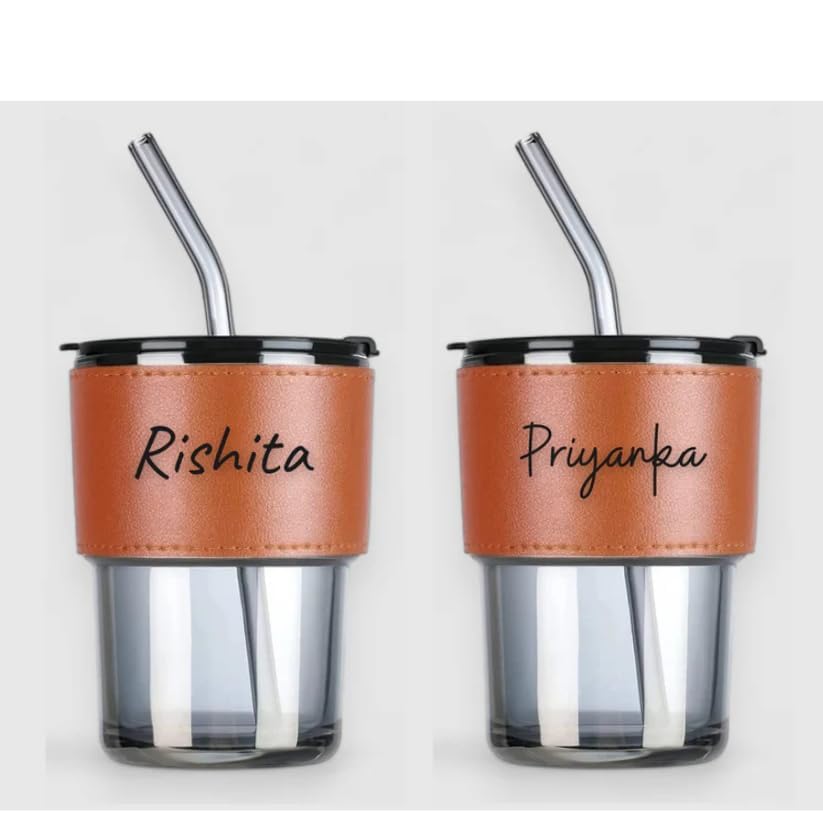 Image of Personalized Glass Sipper Tumbler with Leather Sleeve, Lid & Straw | Reusable Coffee, Tea, Milk & Juice Mug |Leakproof Gift Cup for Kids & Adults - 435ml (Brown)